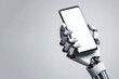 Modern robotic hand holding smartphone with white blanc screen device isolated with copy space. ai generative