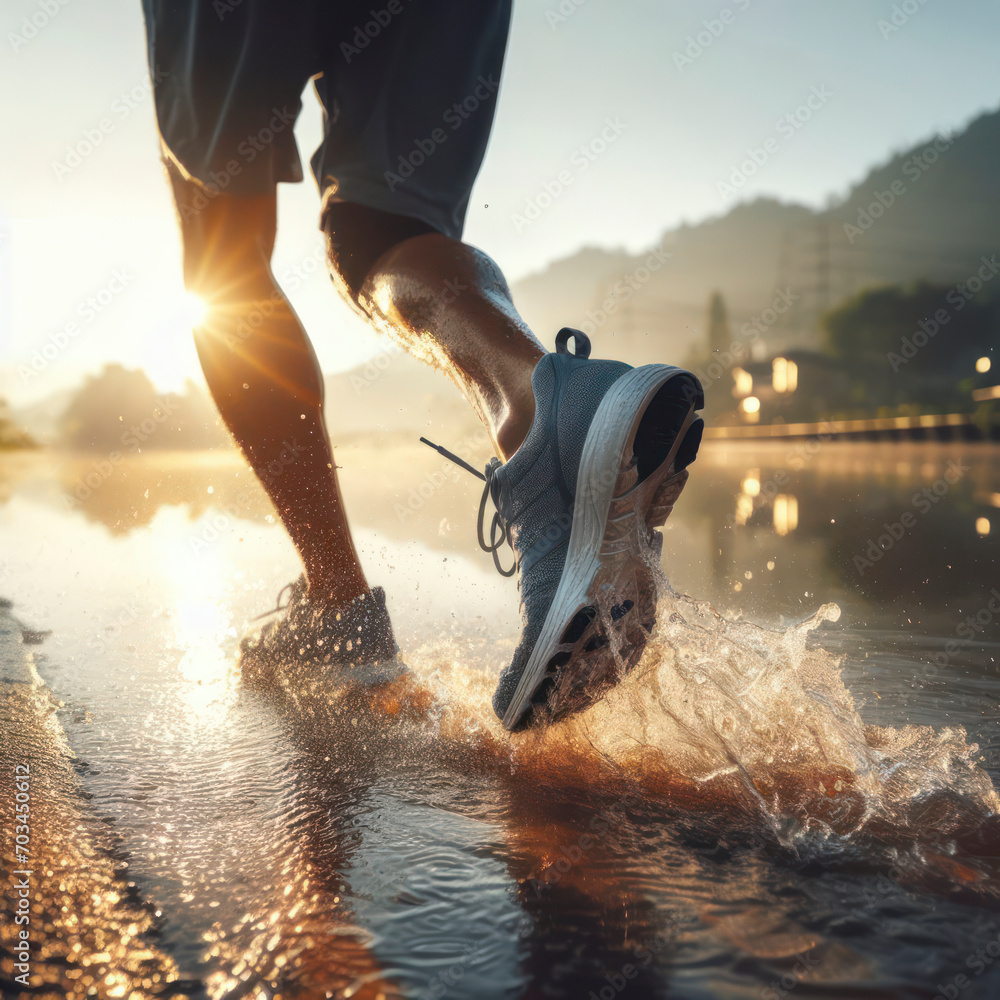 Running shoe splashing through the water 3d product render, back light ...
