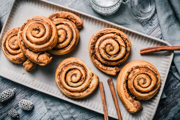 Wall Mural - Homemade cinnamon rolls on a gray earthenware tray on gray background