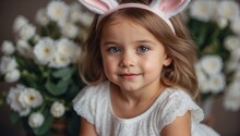 Portrait Of A Little Girl Child With Curly Blonde Hair. A Light Smile And Bright Eyes. Rabbit Ears, Easter Holiday. Flowers Background.