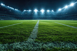 Fototapeta Fototapety sport - Football stadium arena for match with spotlight. Soccer sport background, green grass field for competition champion match.