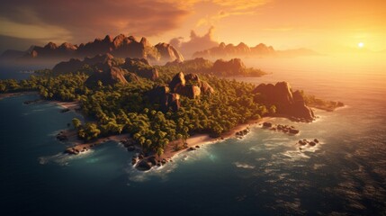 Wall Mural - A stunning drone's view of islands with palm trees bathed in the warm, golden light of the setting sun, painting a picturesque and peaceful seascape Generative AI