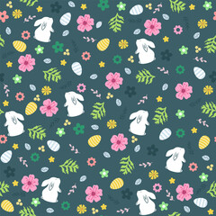 Poster - Spring easter background with cute bunnies, eggs and flowers for wallpaper and fabric design.