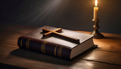 Wall Mural - Cross on the Holy Bible on a wooden background