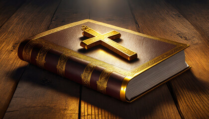 Wall Mural - Golden cross on the Holy Bible on a wooden background