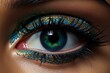 Human eye with unusual colorful artistic makeup, close up