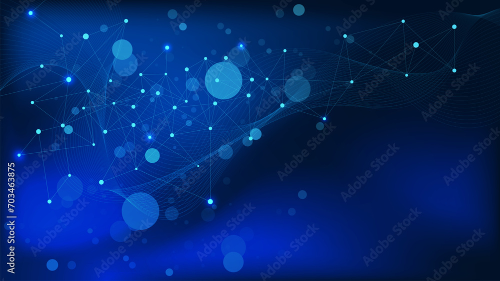 Abstract connecting dots and lines with wave lines on dark blue ...