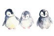 Simple watercolor sketch minimalist flat style of cute cartoon baby penguins, a print for nursery room, duotone with pastel colors and a white background