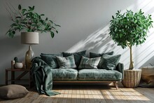 Living Room Interior With Gray Velvet Sofa, Pillows, Green Plaid, Lamp And Fiddle Leaf Tree In Wicker Basket On White Wall Background. 3D Rendering.