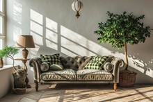 Living Room Interior With Gray Velvet Sofa, Pillows, Green Plaid, Lamp And Fiddle Leaf Tree In Wicker Basket On White Wall Background. 3D Rendering.