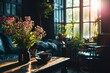 Modern interior design of a living room in an apartment, house, office, fresh flowers and bright modern interior details and sunbeams from a window on a background of dark walls.