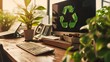 An electronic waste concept featuring a desktop computer adorned with a bright green recycle symbol, symbolizing the importance of recycling and proper disposal of electronic devices.