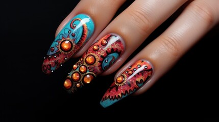 Canvas Print - manicure: long nails in the shape of a stiletto in colorful octopus pattern 