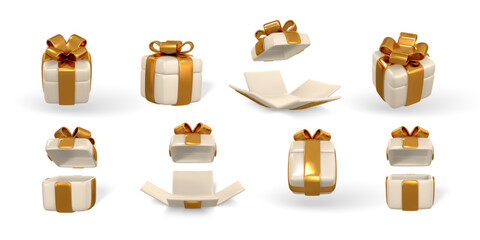 Wall Mural - 3d gift box with golden bow. plastic box with shadow isolated on light background. vector illustrati