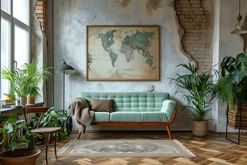 Wall Mural - Stylish scandinavian living room interior with design mint sofa, furnitures, mock up poster map, plants, and elegant personal accessories. Home decor. Interior design. Template. Ready to use