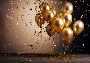 Golden balloons with confetti on a black background for celebration and festival 3d rendering