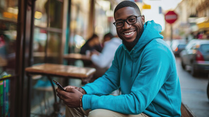 Wall Mural - Man with a beard and glasses wearing a blue hoodie, sitting at an outdoor table of a cafe, smiling at the camera while holding a smartphone in his hands.
