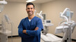 © Studio Nova - Cheerful dentist man wearing a lab coat standing in a dental clinic with a dental chair and equipment in the background.