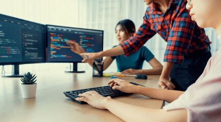 young professional website developer and cooperative computer engineer team brainstorming and sharin