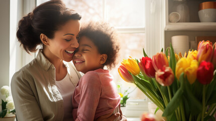 Wall Mural - Mother and daughter smiling gently, with a bright bouquet of tulips in the foreground.