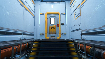 Wall Mural - doorway at top of staircase in a futuristic industrial building. 3d rendering.