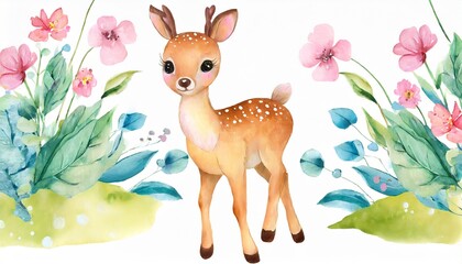 Wall Mural - cute little deer in cartoon style watercolor illustration on a white background