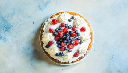 Wall Mural - fruit cake with berries coated in whipped cream on a light background viewed from above top view