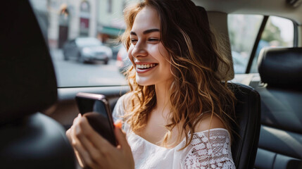 Poster - Woman is sitting in the backseat of a car, looking at her smartphone with a smile