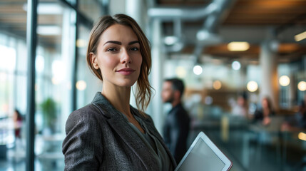 Poster - Woman smiling and holding a tablet, standing in an office environment