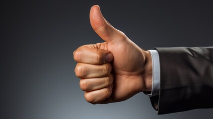 A hand on an isolated background shows a grade or distinction, thumbs up.