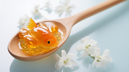 Wall Mural - goldfish in a bowl, Close-up of a goldfish swimming in water, with copy space Close-up of a spoon filled with blue matcha powder on a white background
