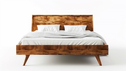 Front view of a wood bed with white sheets, modern bedroom furniture isolated on white background.