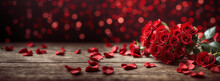 Red Roses On Black Background, Heart Of Roses, Romantic Banner, Valentine's Day, Love, Women's Day, Elegant Event, Panoramic Luxury Header With Copy Space. Generative AI.