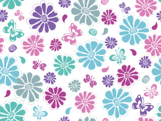 Wall Mural - Vector hand drawn spring seamless pattern with pastel flowers and butterflies on a transparent background