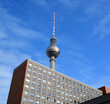 Fernsehturm (Television Tower) located at Alexanderplatz. The tower was constructed between 1965 and 1969 by the former German Democratic Republic, Berlin Germany