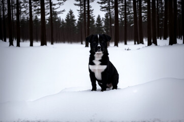 Adorable dog sitting on the snow in the winter forest. Selective focus.