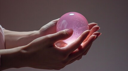 Two hands holding magic ball. light purple colors. solid background