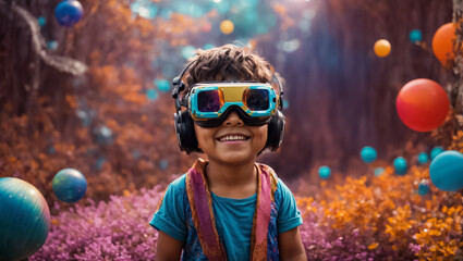 Wall Mural - Little  smiling boy in virtual reality glasses