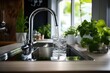 Water runs from a stainless steel tap into a glass, surrounded by domestic greenery and natural light