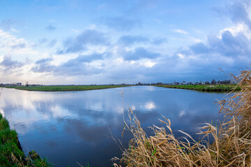 Wall Mural - idyllic image of the watery dutch polder landscape where clouds are beautifully reflected in the cal