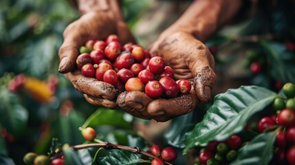 Wall Mural - Close up hands showing freshly picked coffee, In coffee plantation. Generative AI.