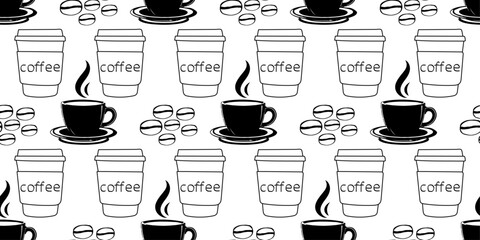 Fototapete - Stylish coffee pattern made from beans, coffee cups and plastic cups. Pattern for print, seamless surfaces, coffee shop.