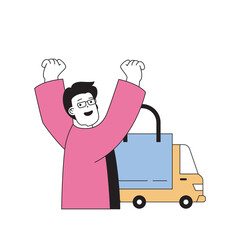 Poster - Shopping concept with cartoon people in flat design for web. Man making purchases, ordering online and receiving bags with delivery. Vector illustration for social media banner, marketing material.