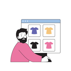 Poster - Shopping concept with cartoon people in flat design for web. Man searching new clothes in online boutique assortment using computer. Vector illustration for social media banner, marketing material.