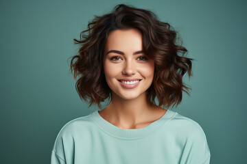 Wall Mural - Cheerful woman with short wavy brown hair smiling on a blue background. Generative AI.