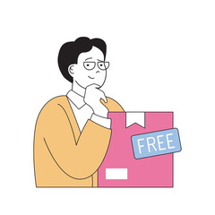 Poster - Shopping concept with cartoon people in flat design for web. Man making bargain purchases and getting free delivery service as gift. Vector illustration for social media banner, marketing material.