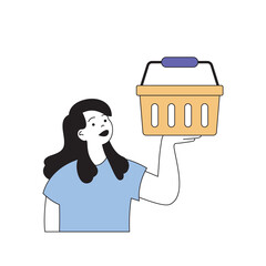 Leinwandbilder - Shopping concept with cartoon people in flat design for web. Woman with basket making purchases in supermarket and ordering goods. Vector illustration for social media banner, marketing material.