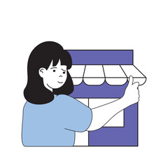 Poster - Shopping concept with cartoon people in flat design for web. Woman making purchases in store counter or supermarket with best prices. Vector illustration for social media banner, marketing material.