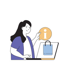 Poster - Shopping concept with cartoon people in flat design for web. Woman makes purchases in online store and researching info by laptop. Vector illustration for social media banner, marketing material.