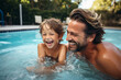 Portrait of happy family. Father and son funny in water pool at summer day. Generative AI.